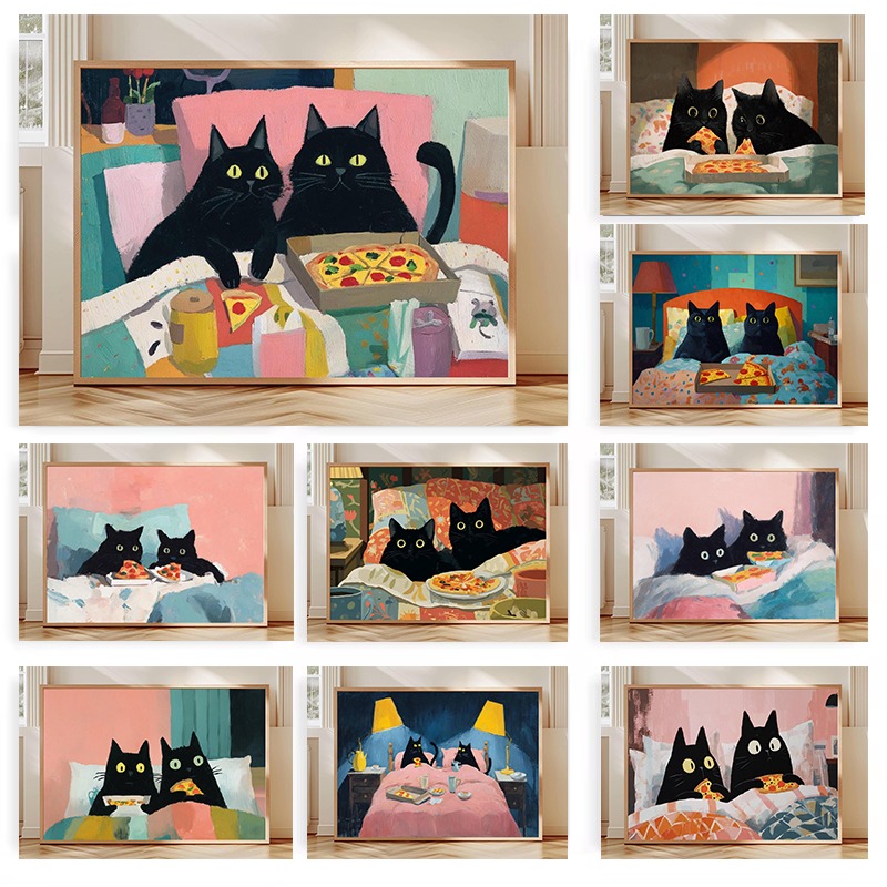 Pet Beds - Poster Dua Kucing Hitam Makan Pizza